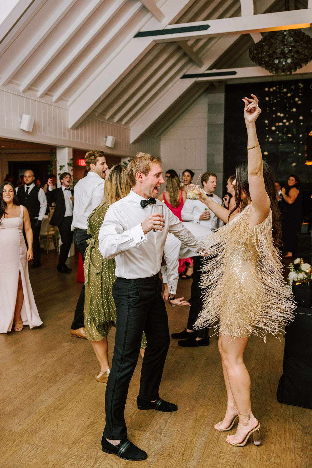 wedding dance party mini dress with gold fringe