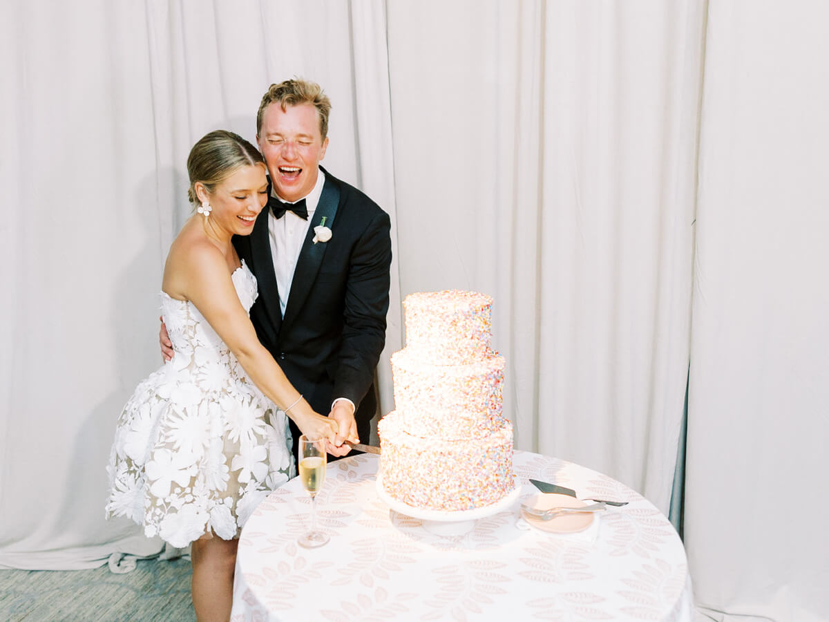 cutest white bridal mini dress and sprinkle wedding cake