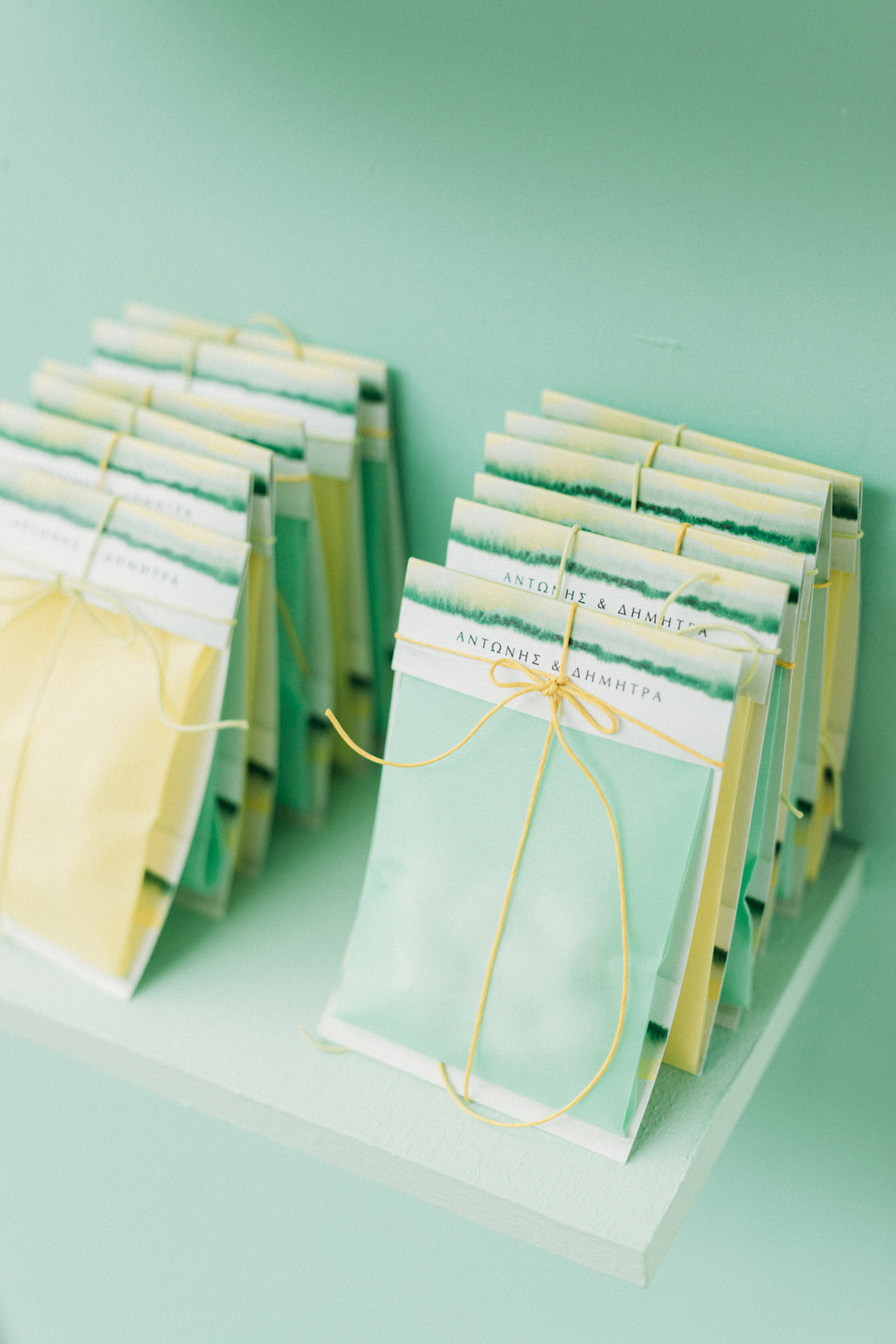 yellow, turquoise and lime green wedding favors