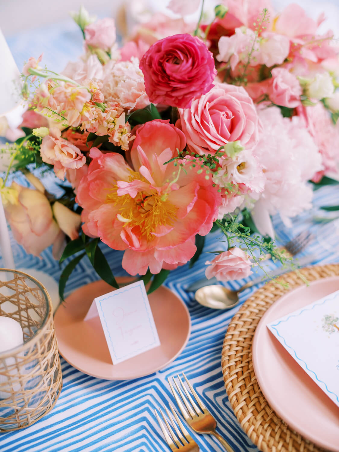 pink and blue wedding with pink peonies