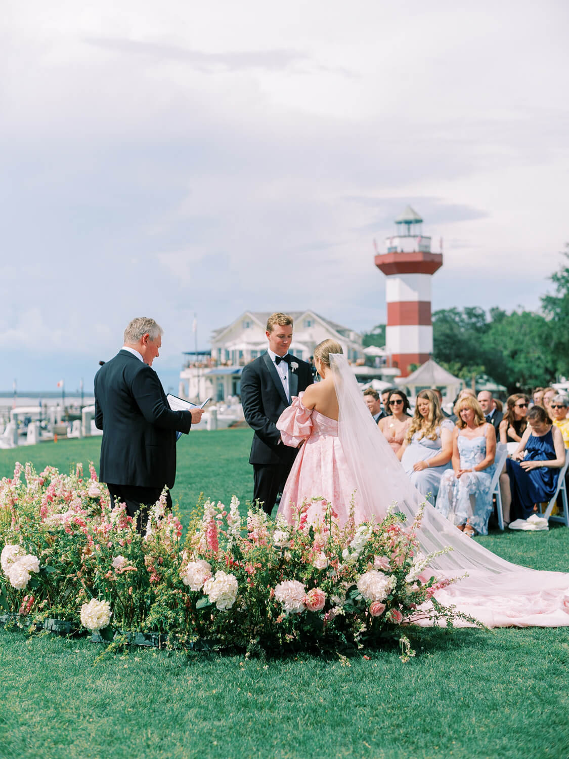 pink wedding ceremony on the beach in hilton head