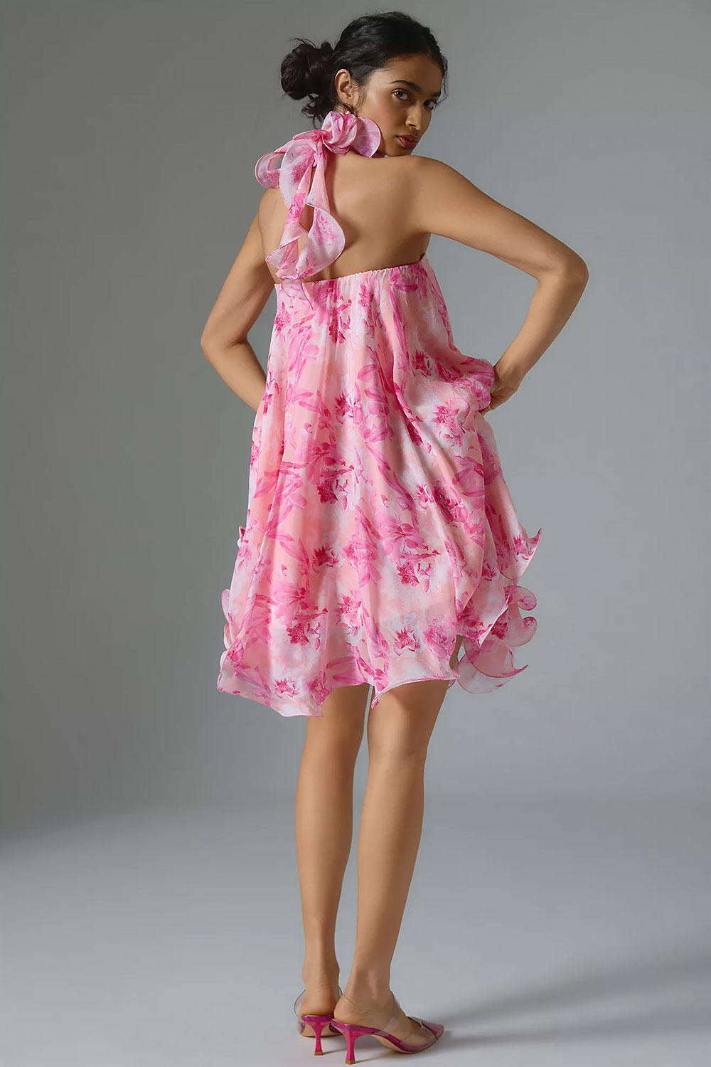 Pink floral mini dress for summer wedding