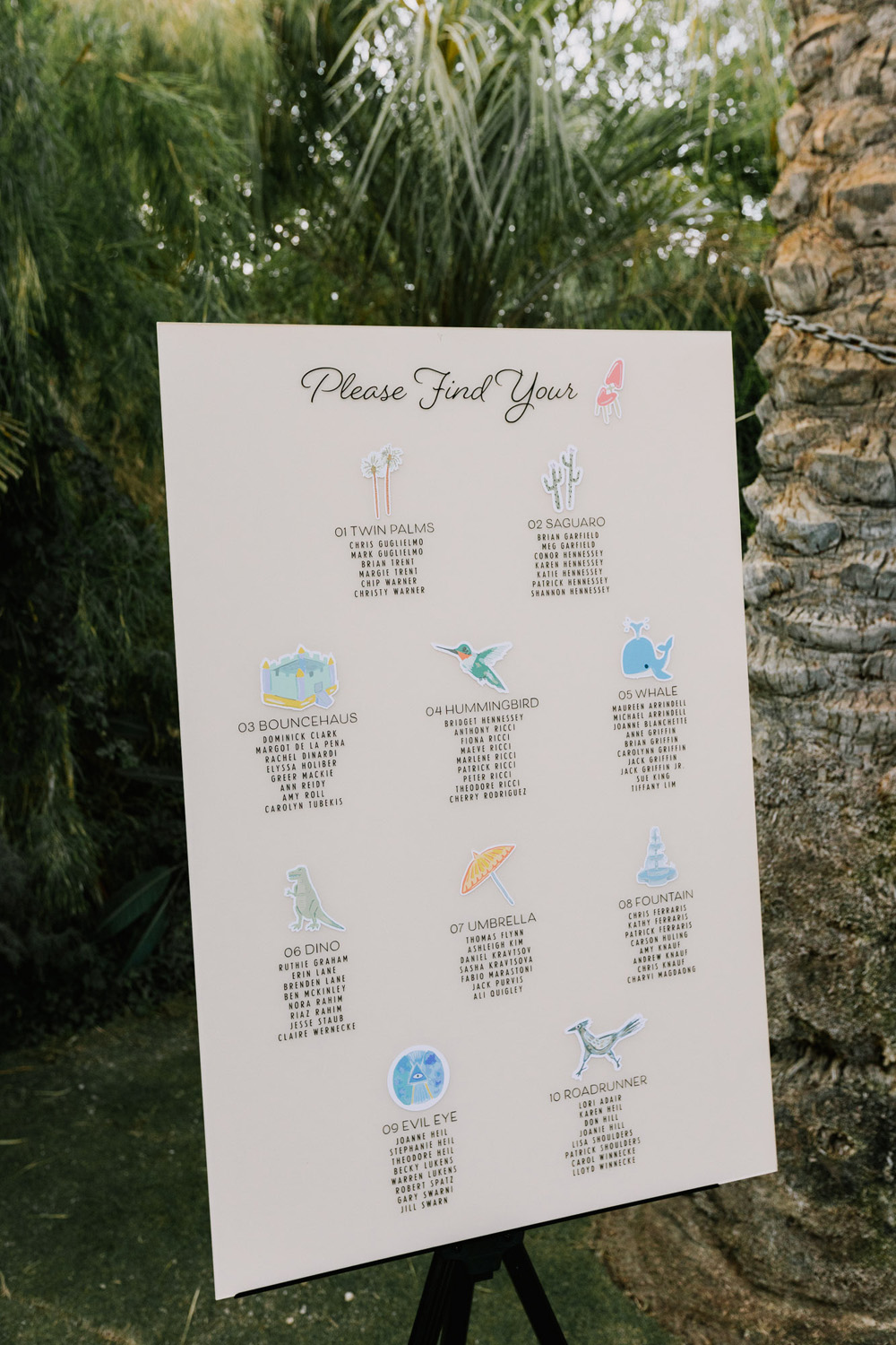 Palm Springs inspired seating chart for wedding