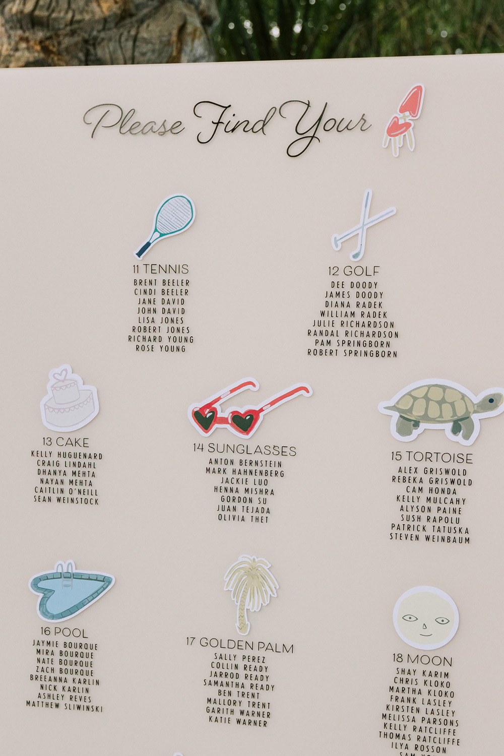 Palm Springs inspired seating chart for wedding