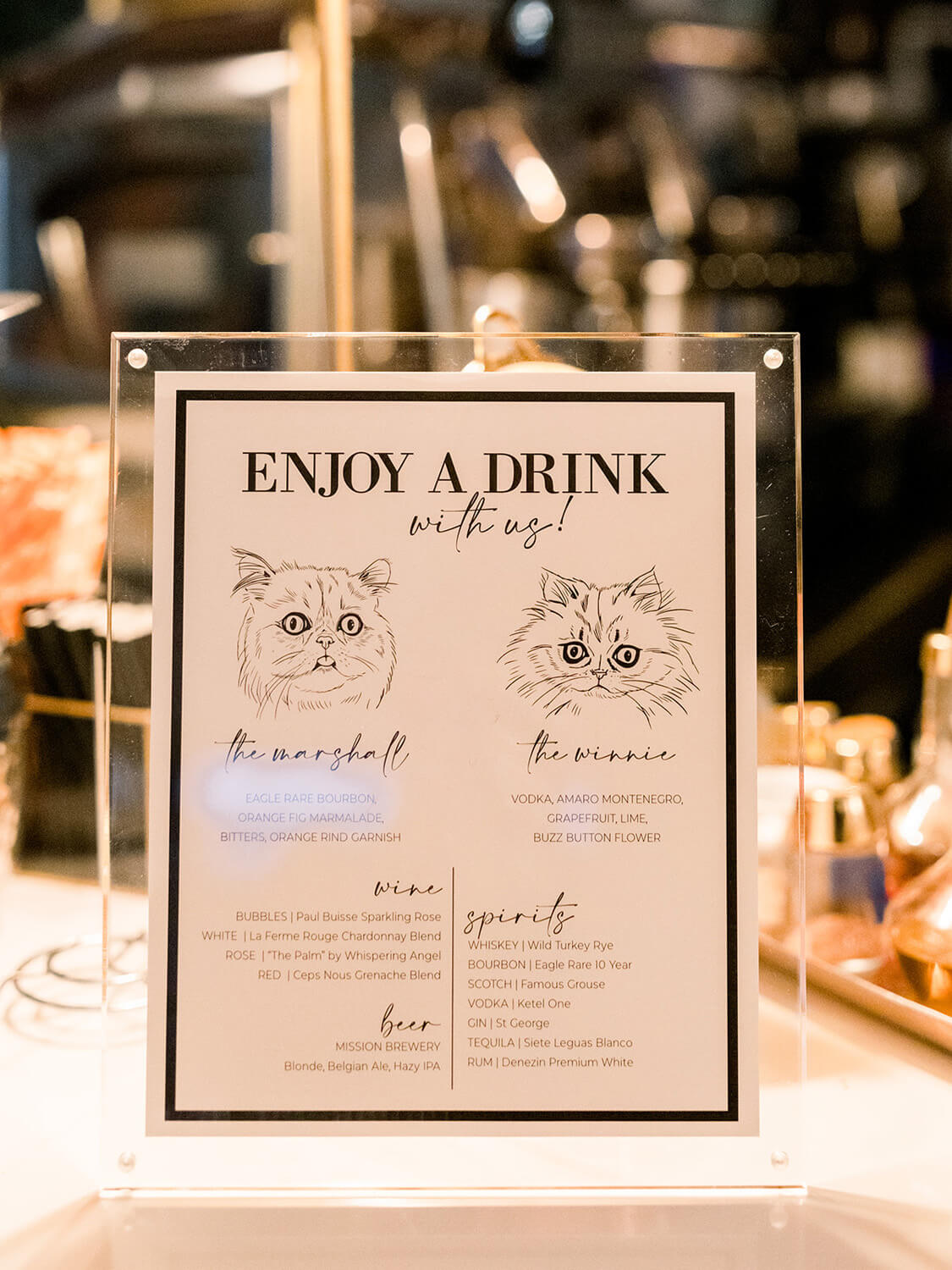 wedding cocktail sign with pet cats