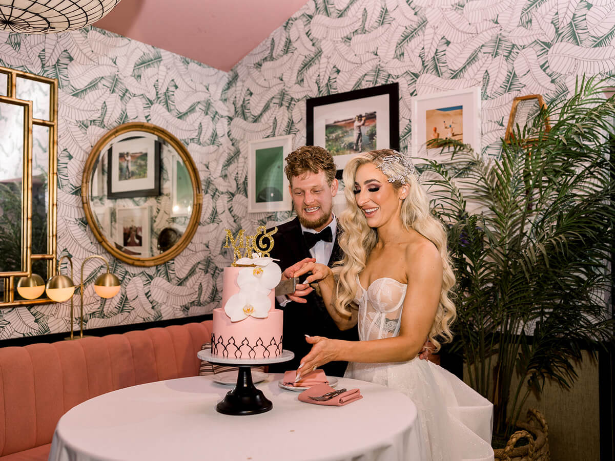 cake cutting at The Sands Hotel Palm Springs wedding