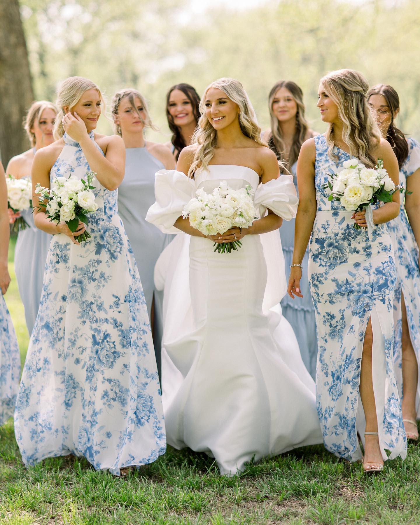 blue and white bridesmaid dresses