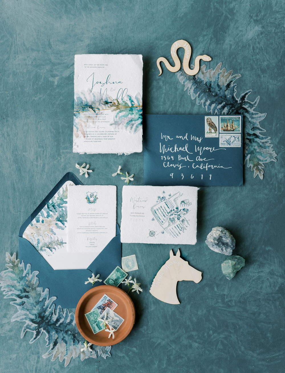 rustic blue wedding invitations with equestrian theme
