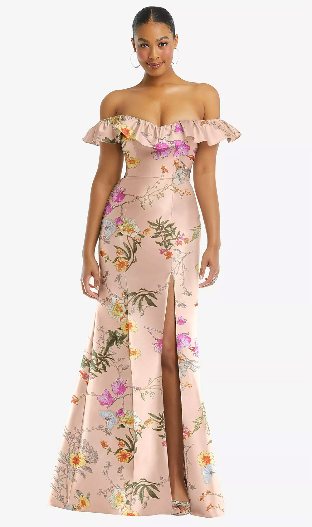 blush botanical dress with off the shoulder ruffle neckline and butterfly details