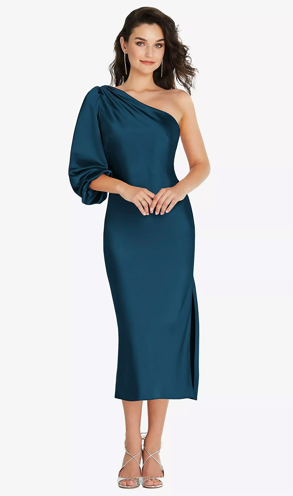 elegant one shoulder bishop sleeve bridesmaid dress in atlantic blue
