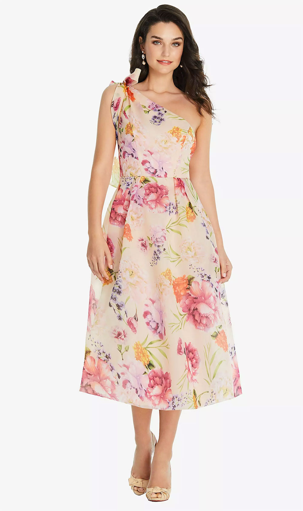 watercolor floral one shoulder midi dress