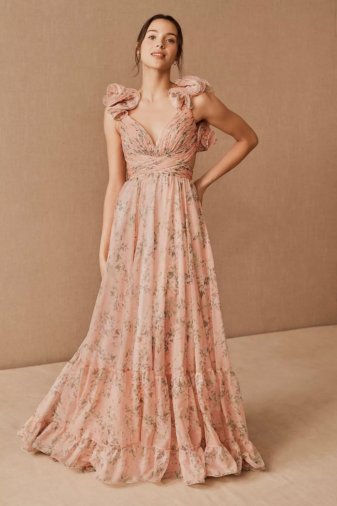 floral ruffle blush bridesmaid dress from Anthropologie