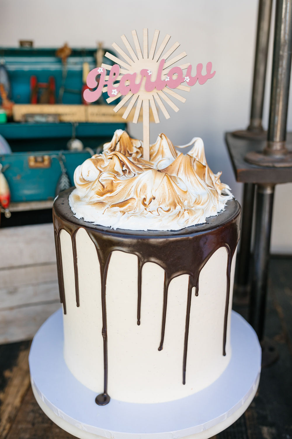 S'mores cake for girls camp themed birthday with retro cake topper