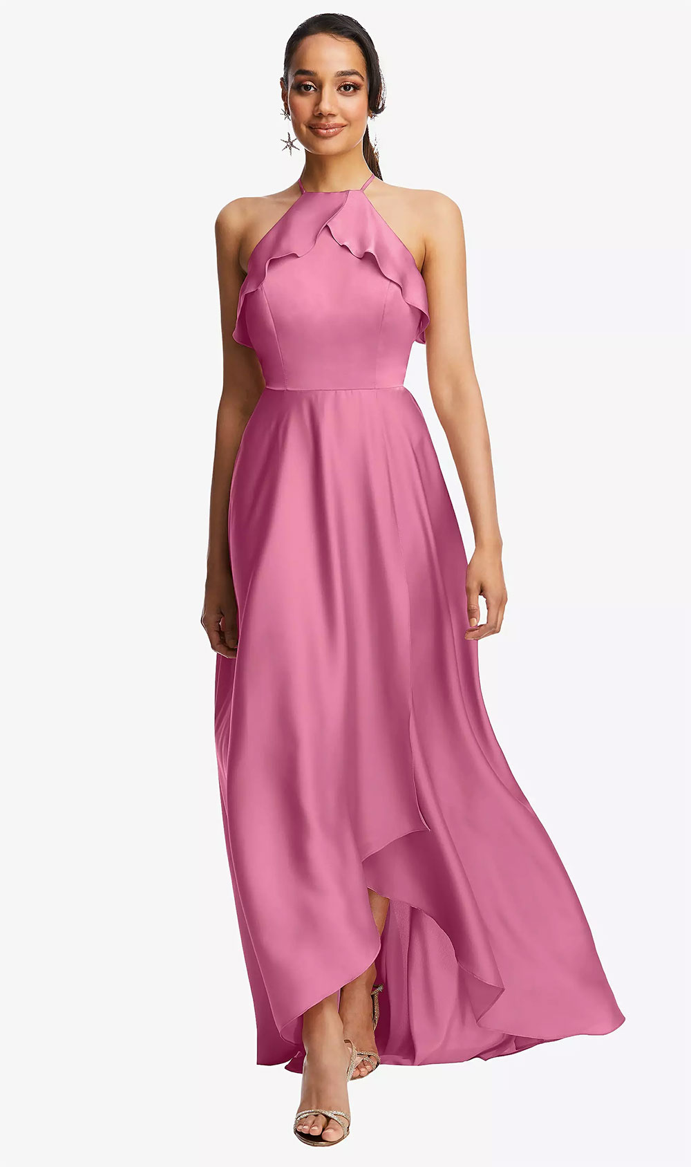 ruffle trim bodice halter gown in orchid pink