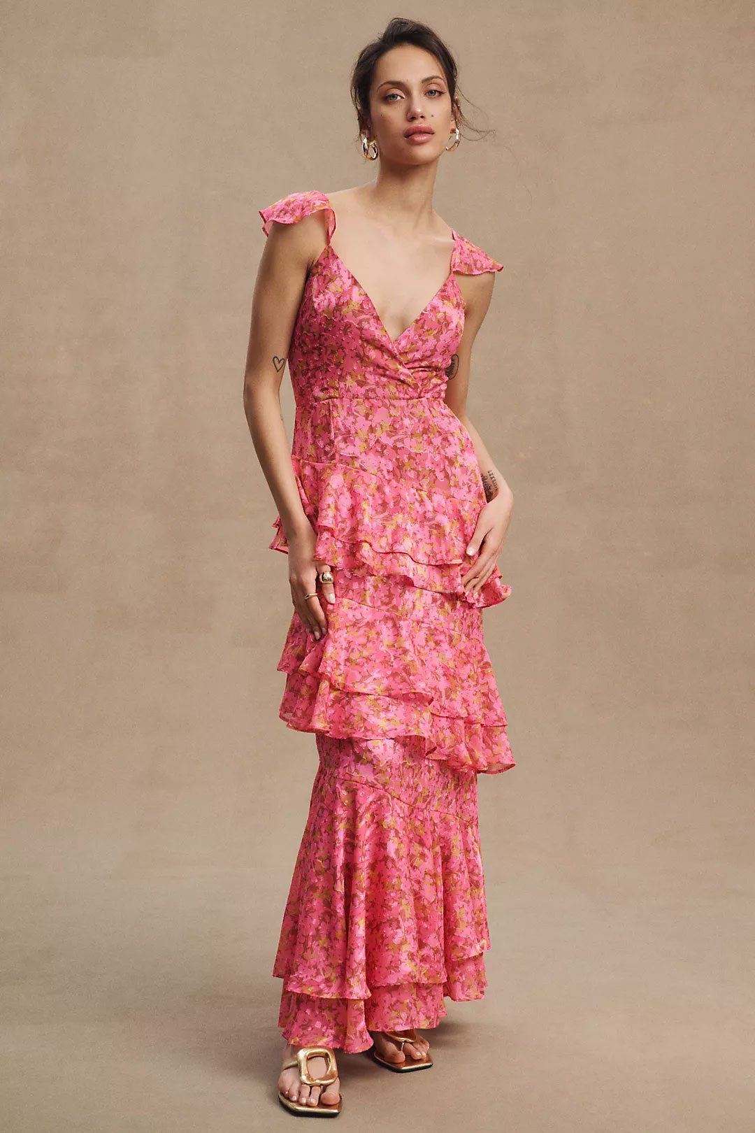 floral ruffle pink bridesmaid dress from Anthro