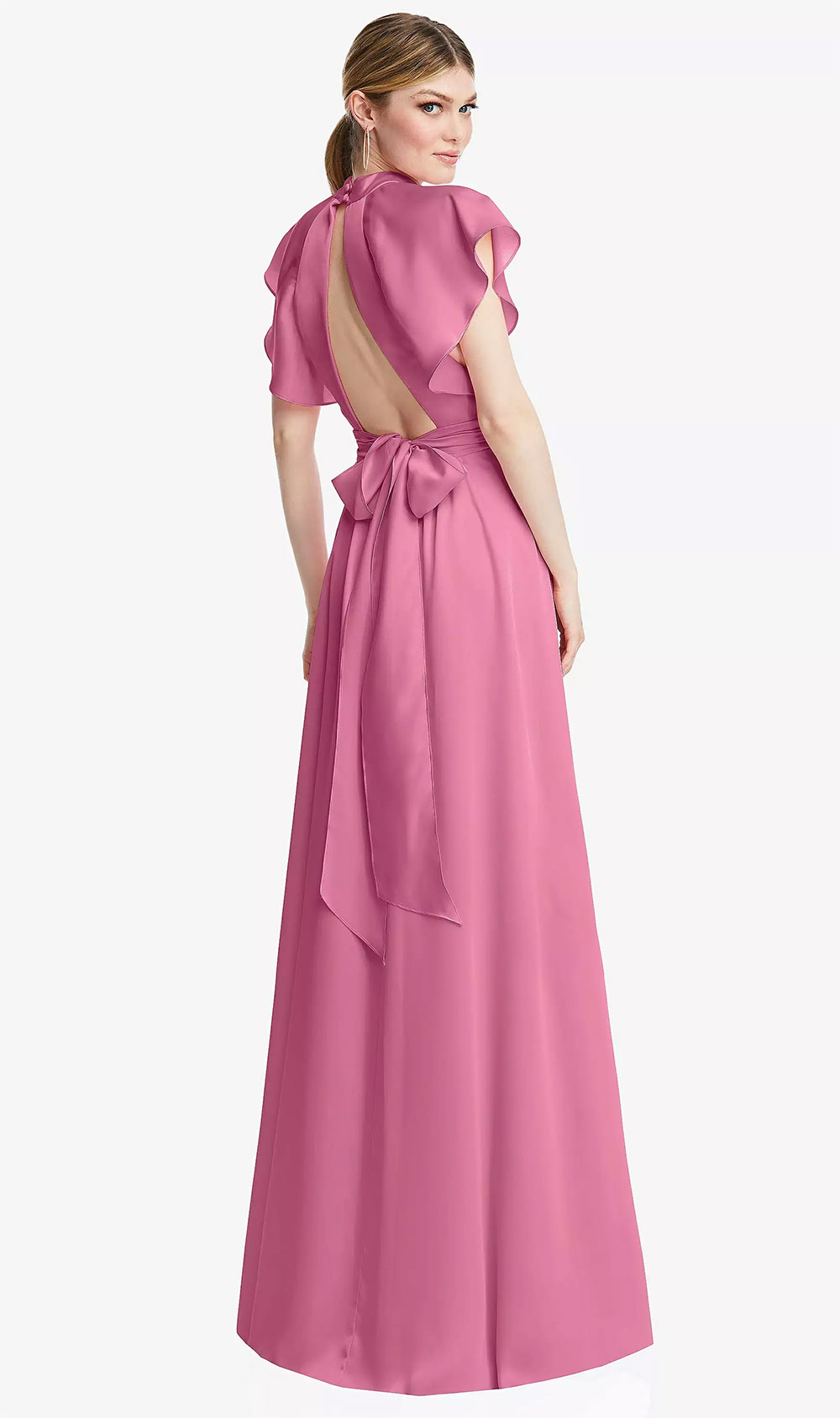 whisper satin bridesmaid dress in pink orchid with flutter sleeves