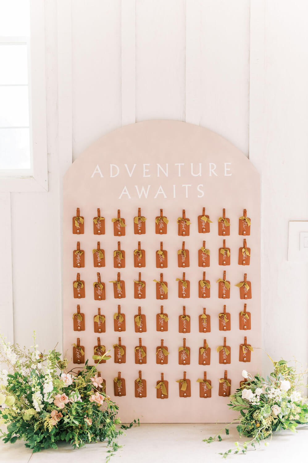 "Adventure Awaits" neutral baby shower luggage tag favors