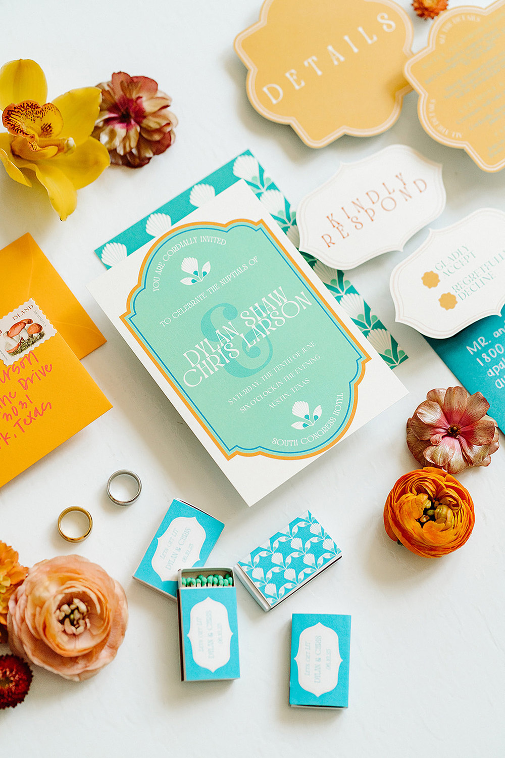 colorful wes anderson inspired wedding invitations at south congress hotel austin