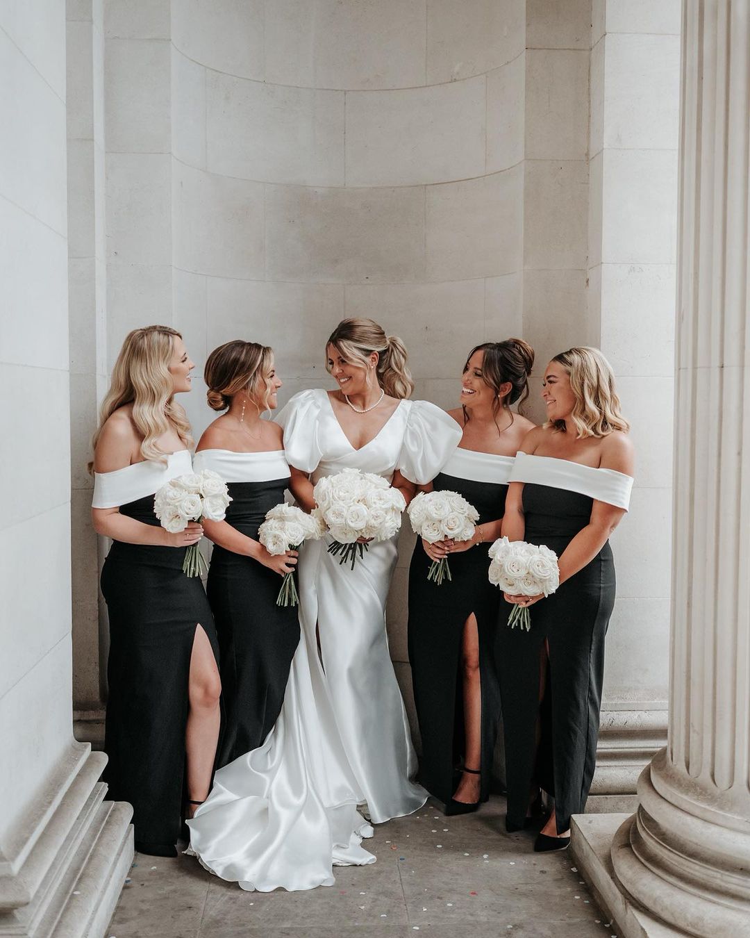 black and white bridesmaids for a black tie wedding in london