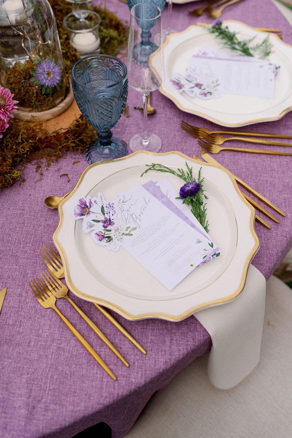 purple and gold place setting with floral menu