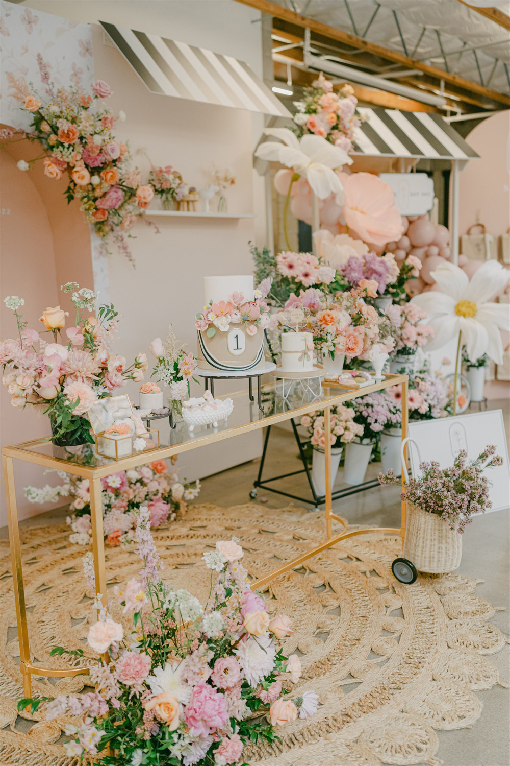 french flower market themed first birthday party with diy bouquet bar