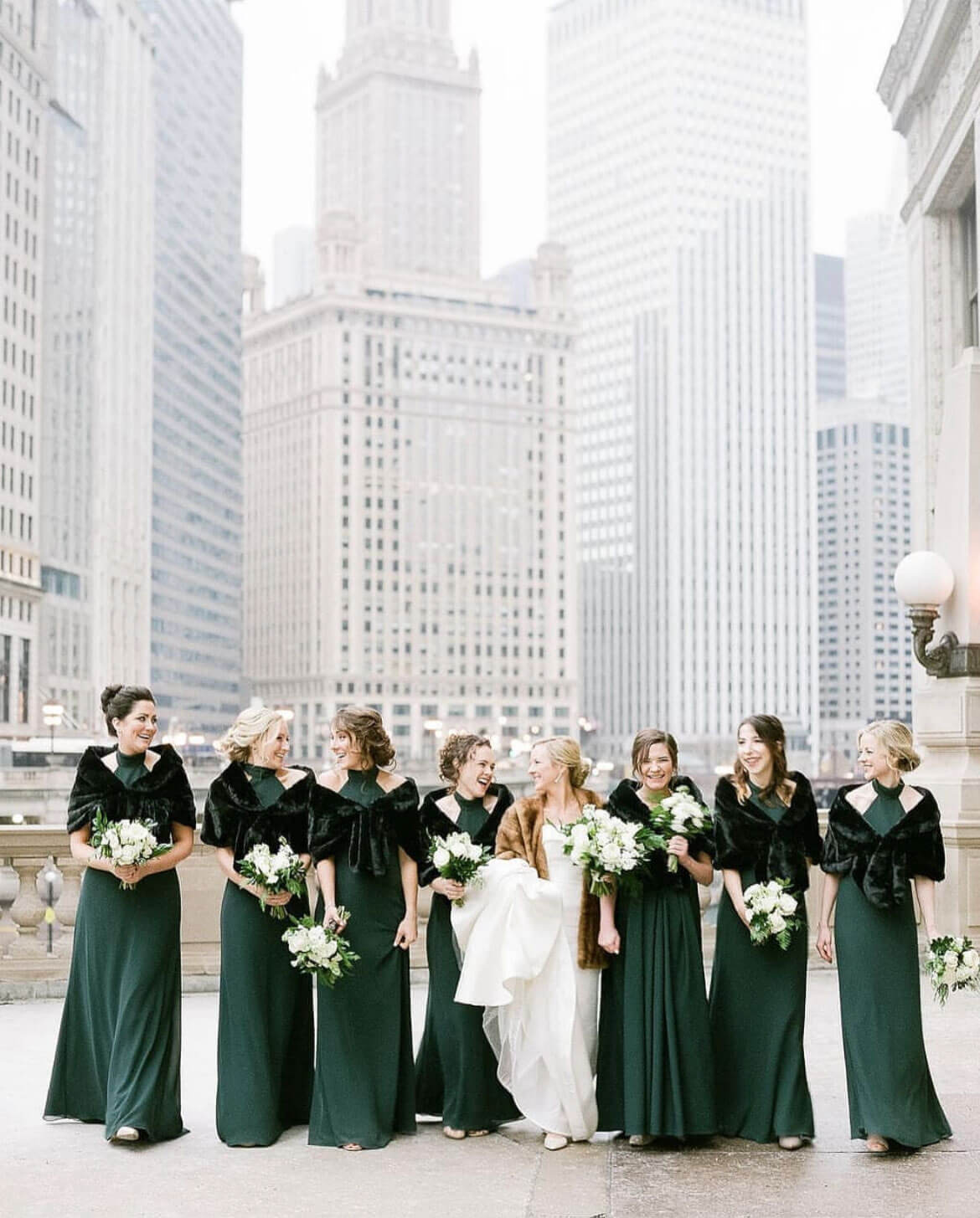 green wedding party for winter wedding