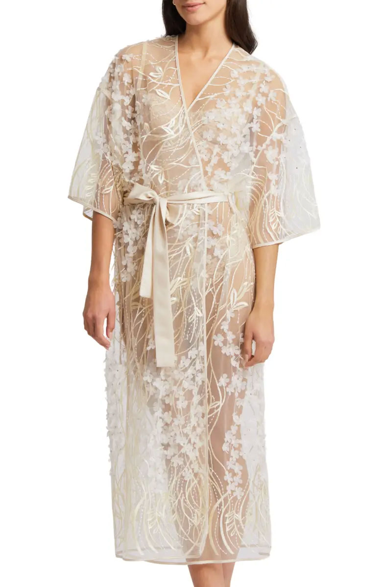 White bridal robe with floral applique