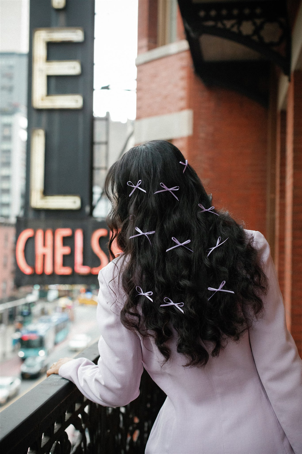 lavender hair bows on bride