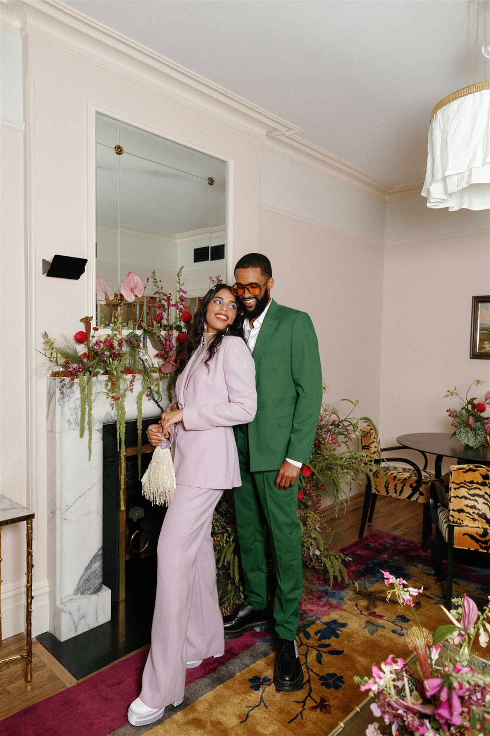 nontraditional wedding fashion in lavender and green