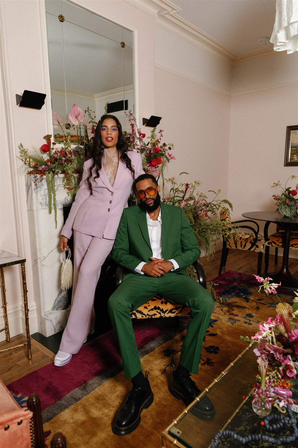 green grooms suit and bride in lavender at hotel chelsea