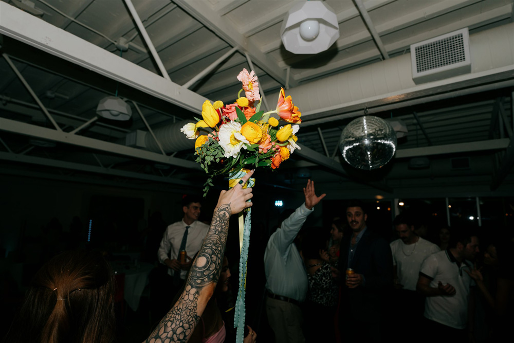 colorful wedding bouquet toss