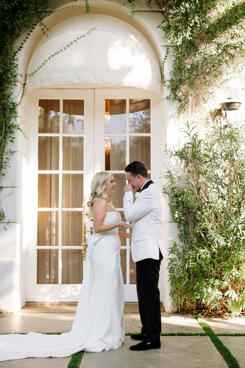 Bride and groom's first look at Parker Palm Springs hotel wedding