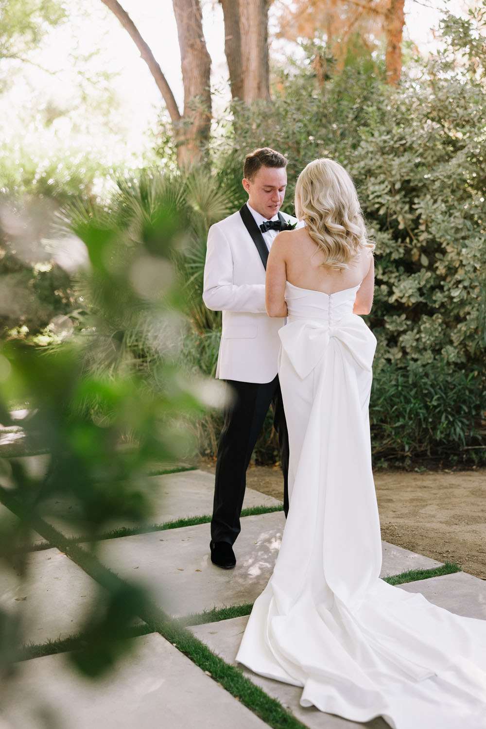 Bride and groom's first look at Parker Palm Springs hotel wedding