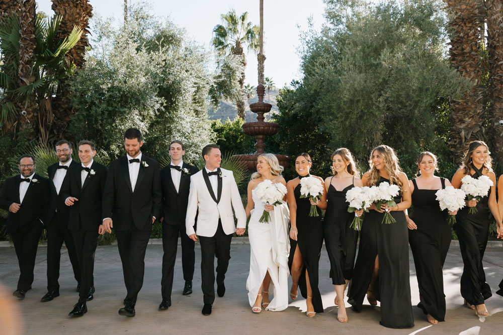 black and white wedding party attire for black tie optional wedding