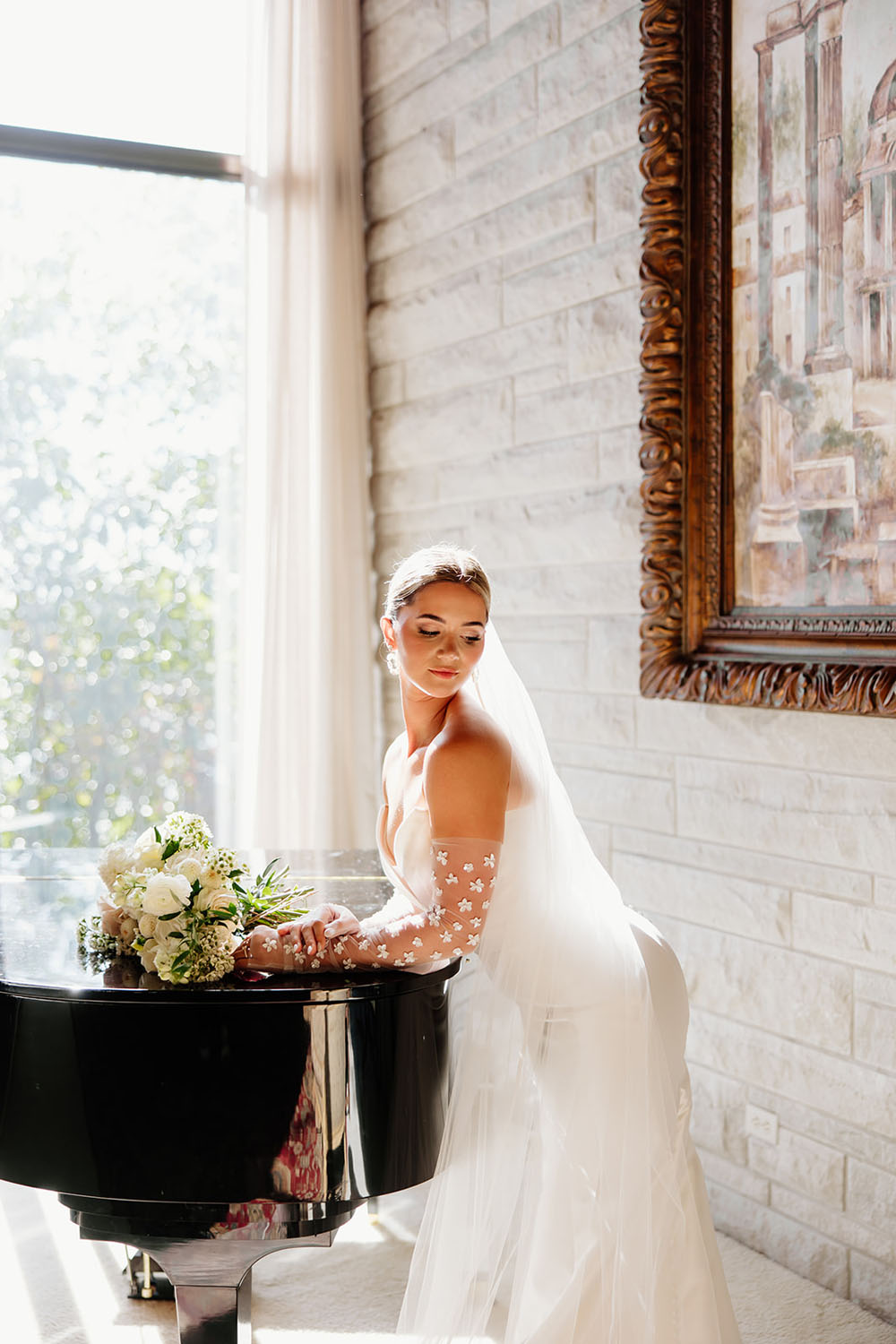 bridal portrait by piano in Arkansas wedding
