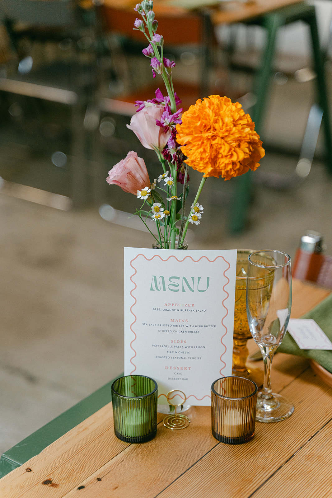 DIY flowers and wavy menu design for cute DTLA wedding