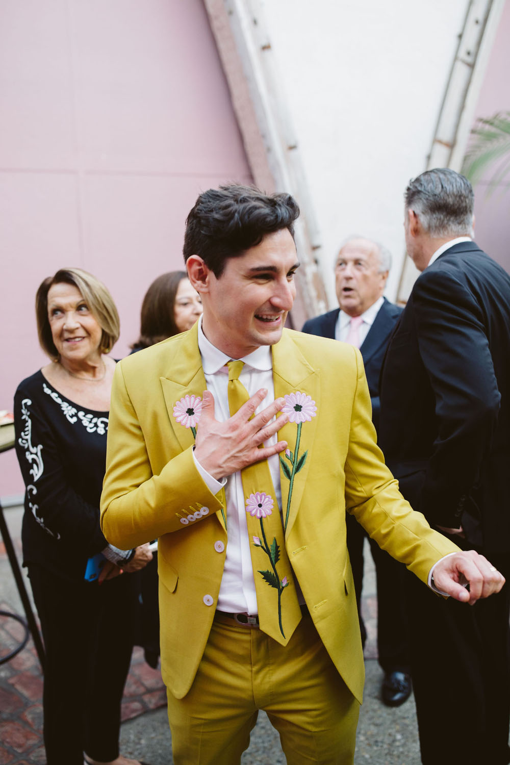 retro yellow groom's suit with embroidered flowers