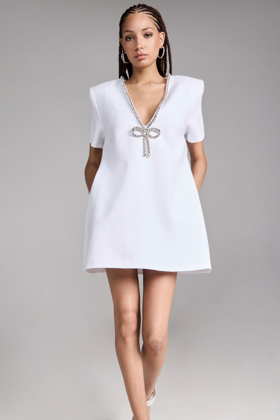 Area Crystal Bow V Neck T-Shirt Dress