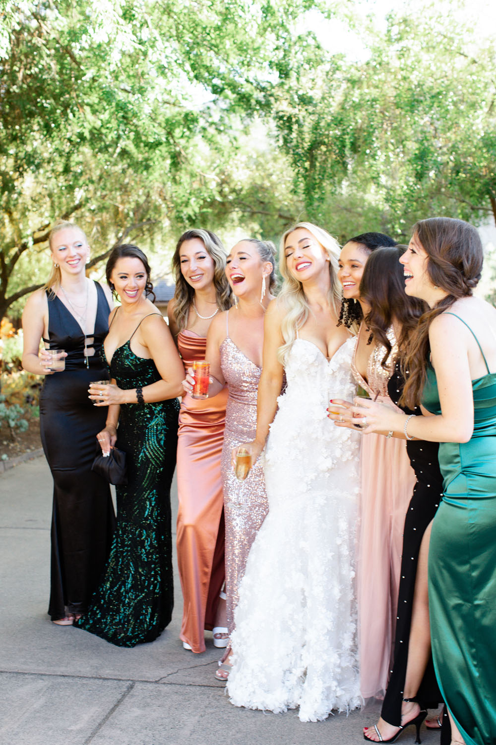 Bride and wedding guests at glamorous black tie optional wedding