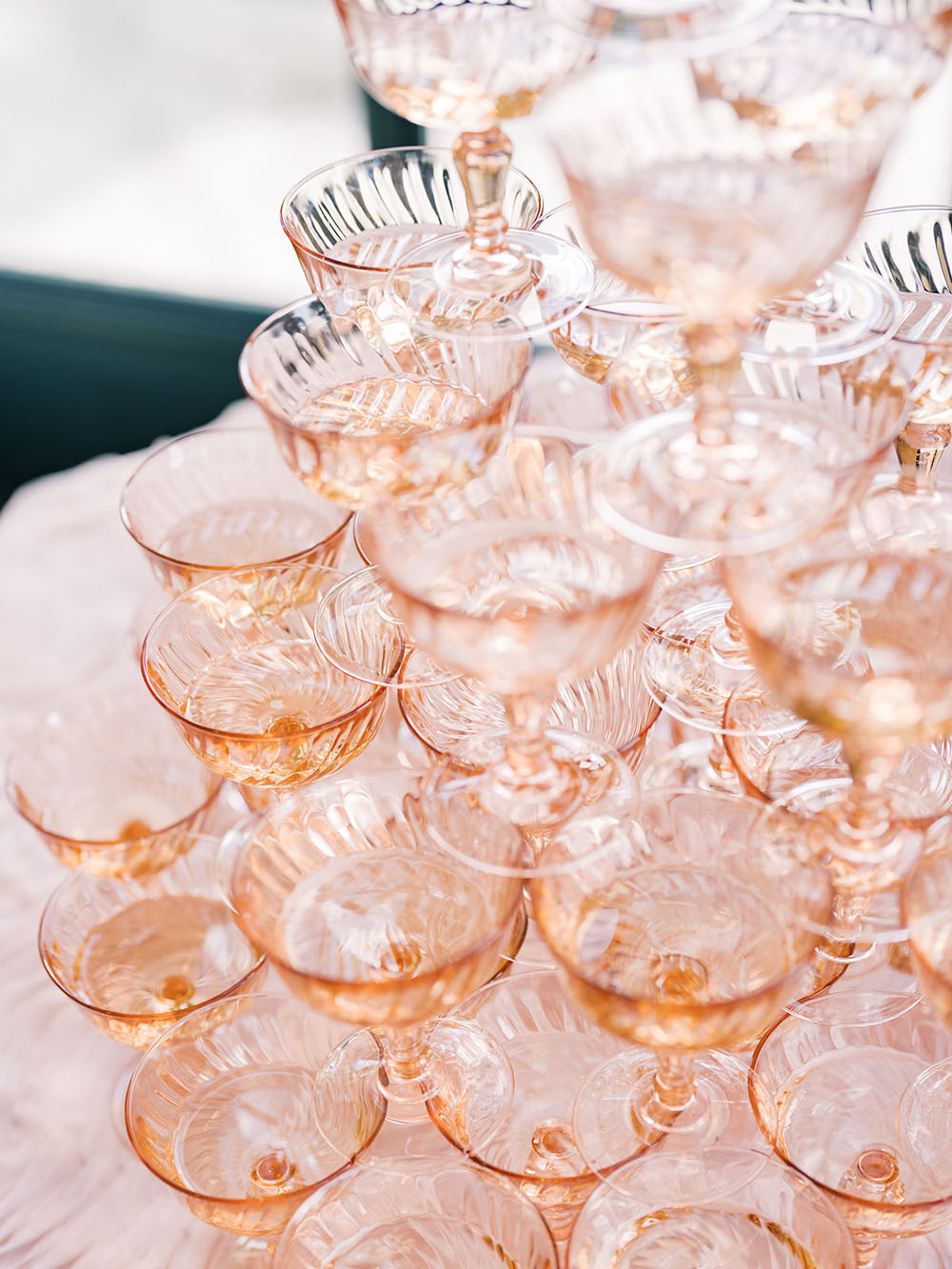 pink vintage champagne coupe tower for wedding cocktail hour