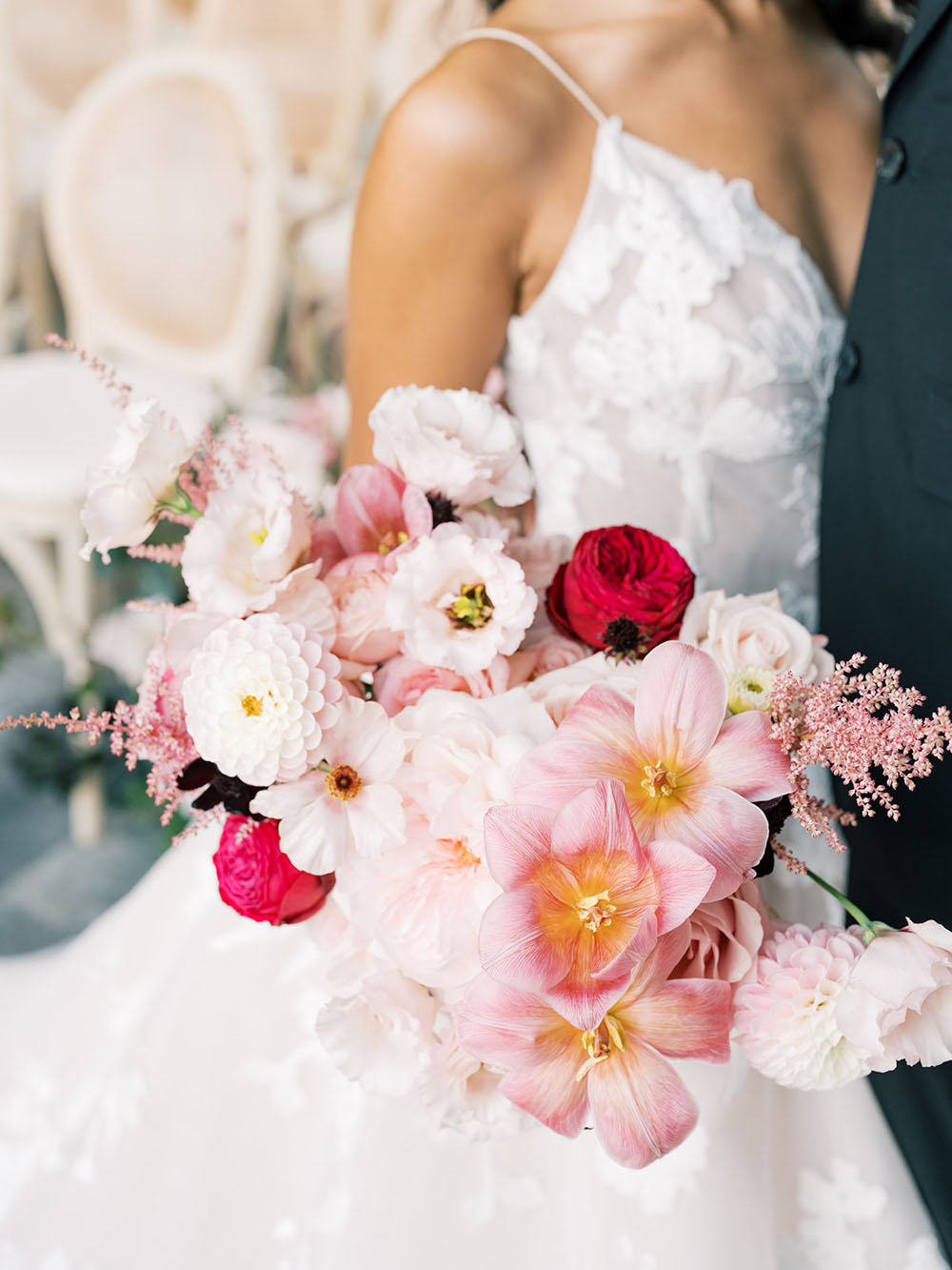 white, pink, and read wedding bouquet