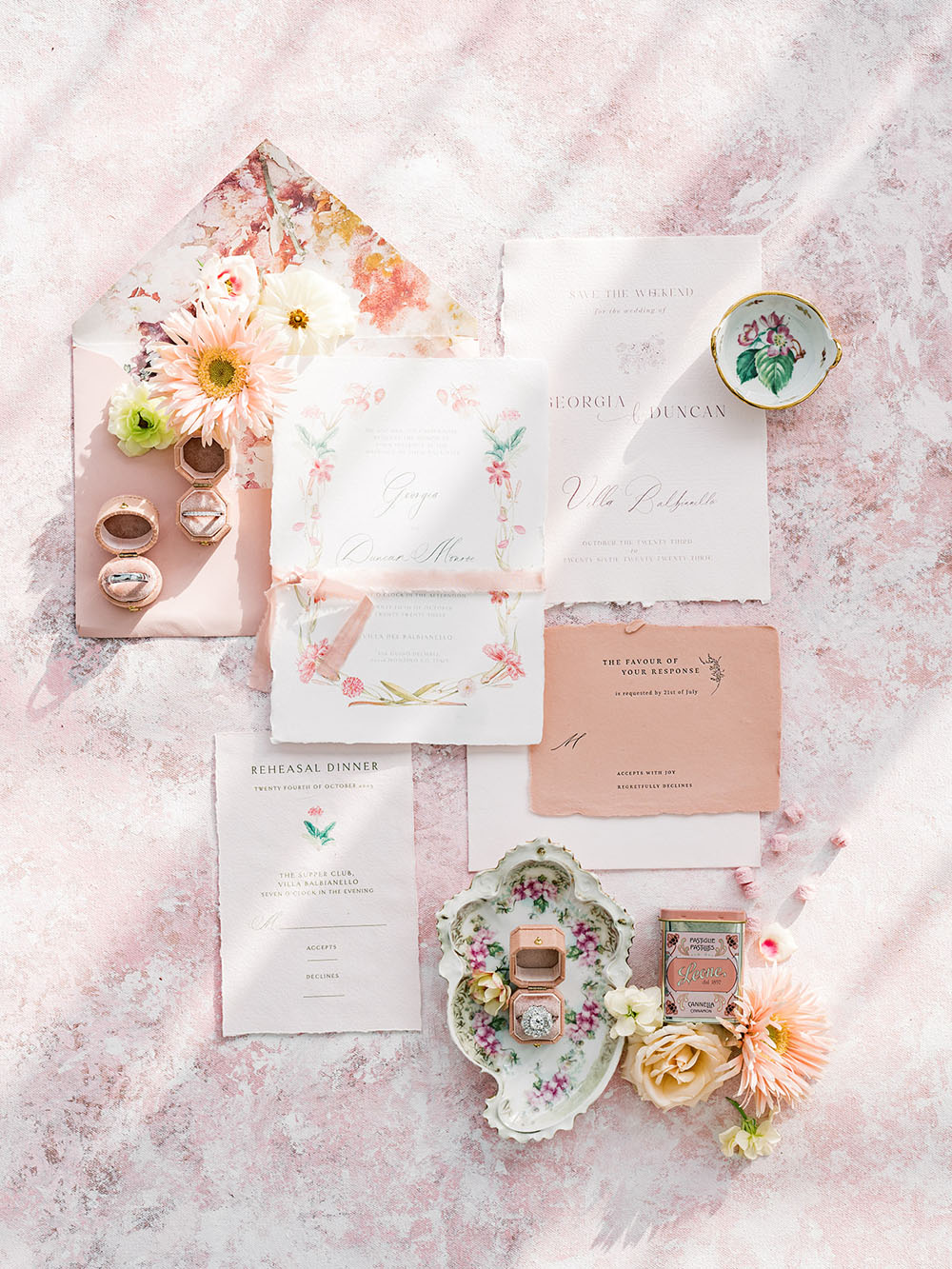 romantic floral and pink italian wedding invitations
