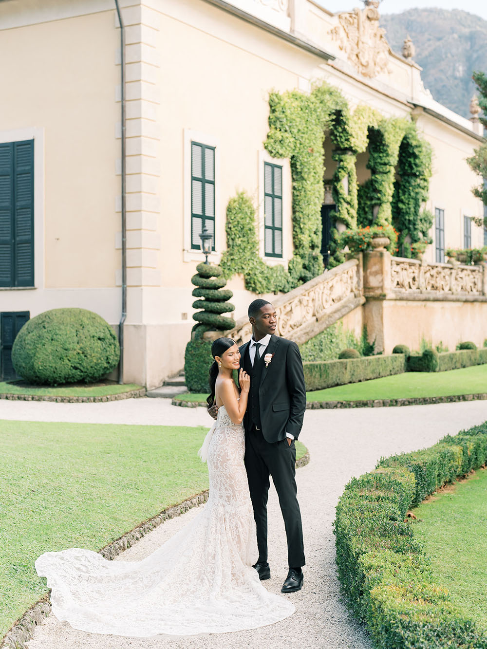 Romantic and refined Italian wedding portrait at a Lake Como villa