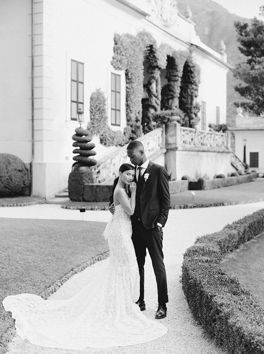 Black and white Italian wedding portrait at a Lake Como villa