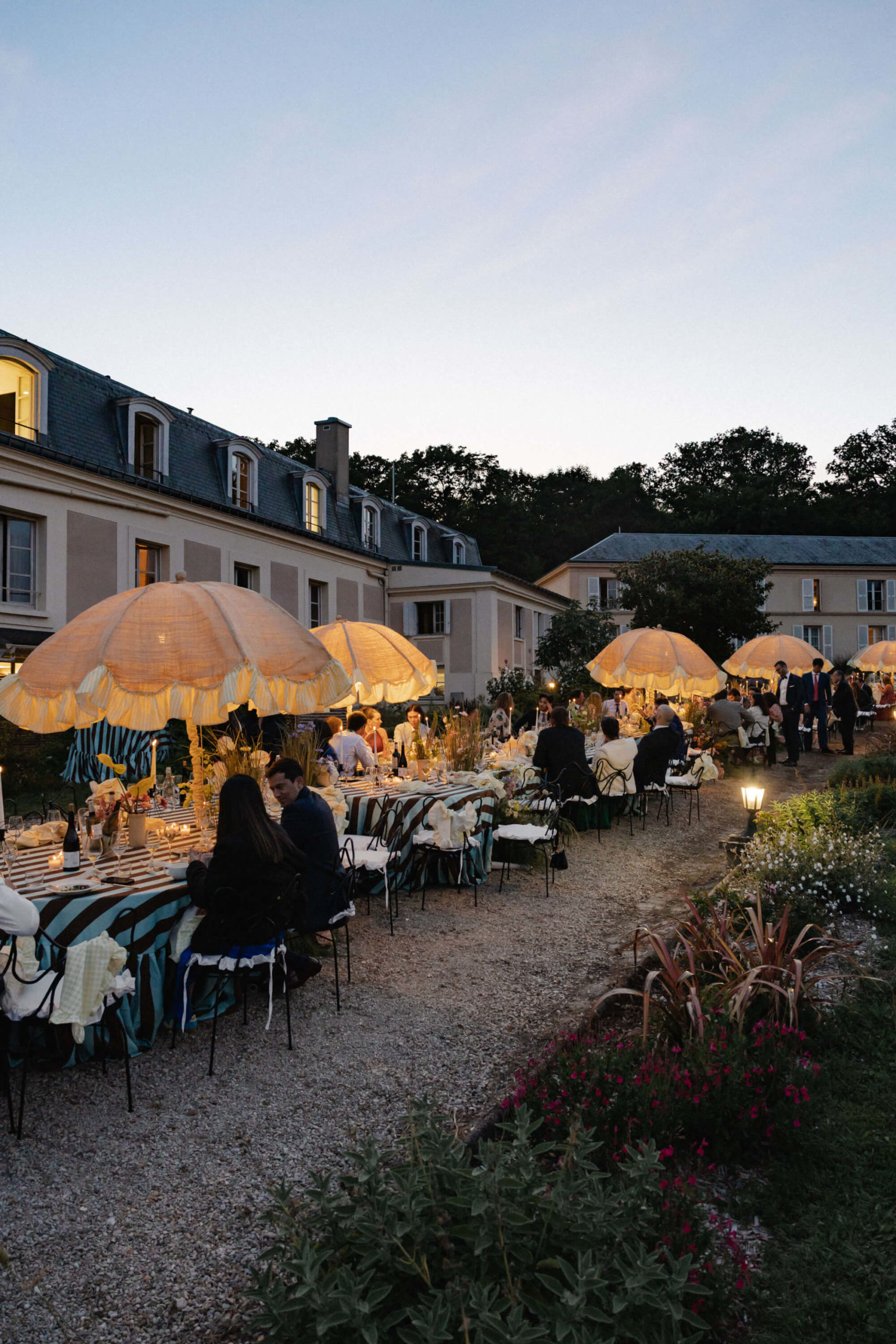 French chateau wedding reception at night