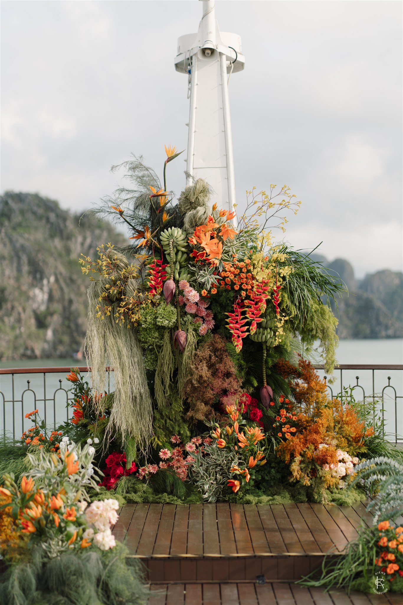 Tropical Birds of Paradise and orchid ceremony arch on cruise deck