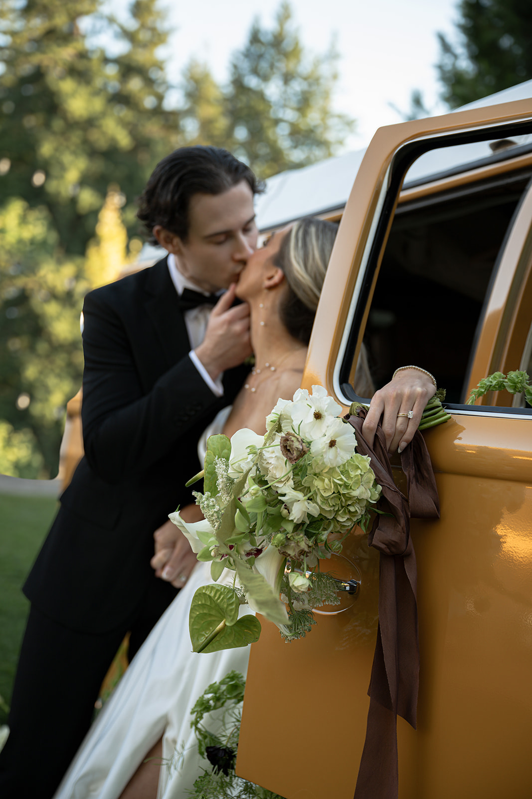 Fine-art wedding couple portraits in warm golden light at Mt. Hood Organic Farms