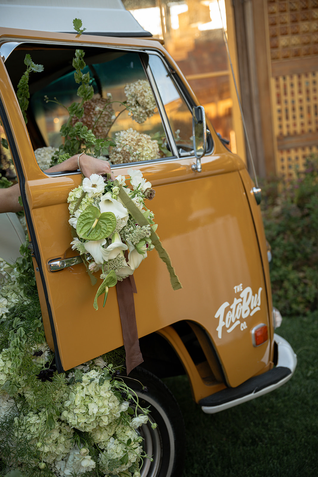Vintage Volkswagen bus parked at Mt. Hood Organic Farms during a fine-art wedding editorial