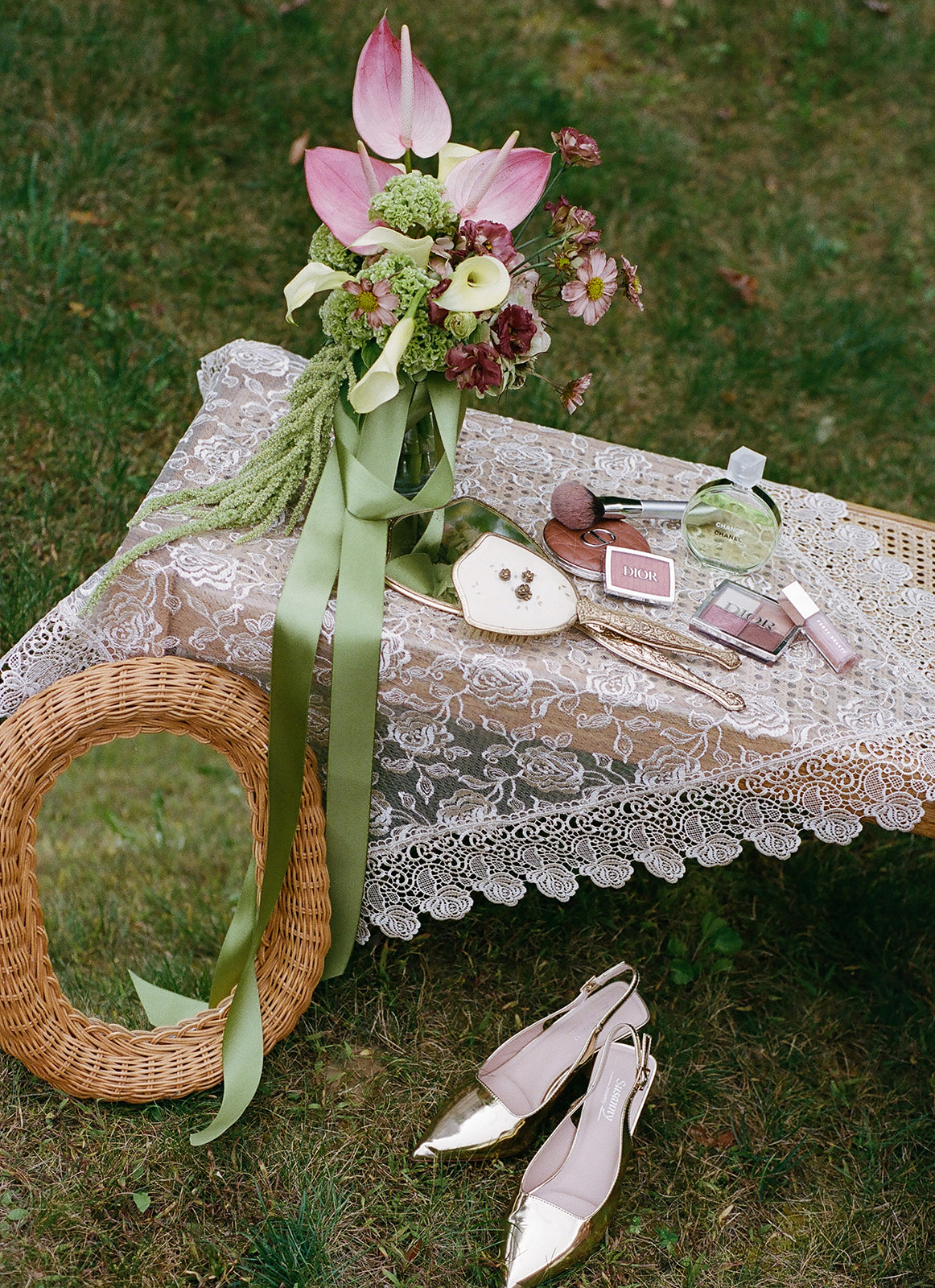 Close-up of vintage wedding design details including classic textures and timeless elements at a private estate Vermont wedding