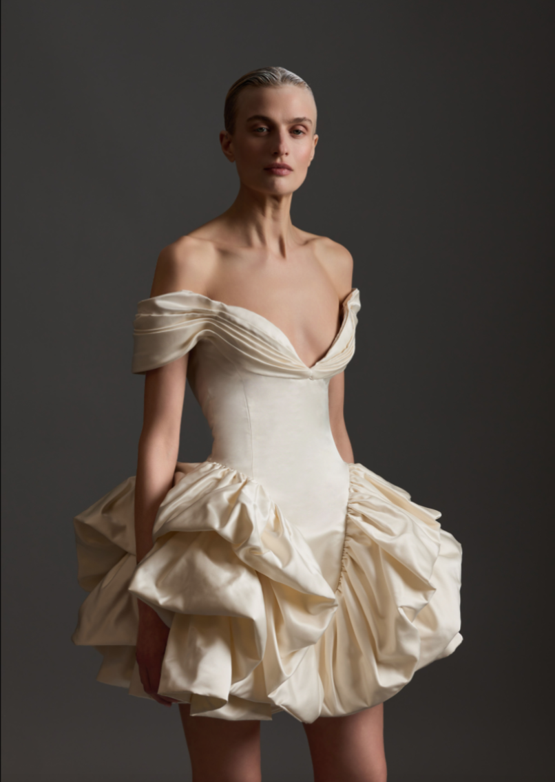 short wedding gown with basque waist